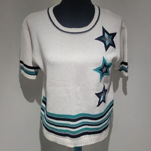TanJay Womens Vintage 90s Short Sleeve Star Embroidery Sweater Medium White Blue